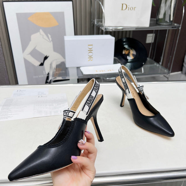 J'ADIOR SLINGBACK PUMP BLACK CALFSKIN AND BLACK EMBROIDERED FABRIC 10 CM