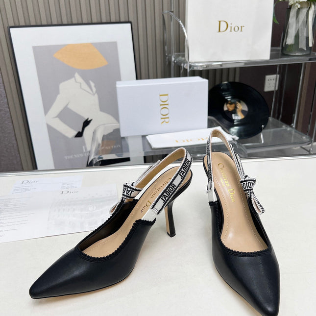 J'ADIOR SLINGBACK PUMP BLACK CALFSKIN AND BLACK EMBROIDERED FABRIC 10 CM