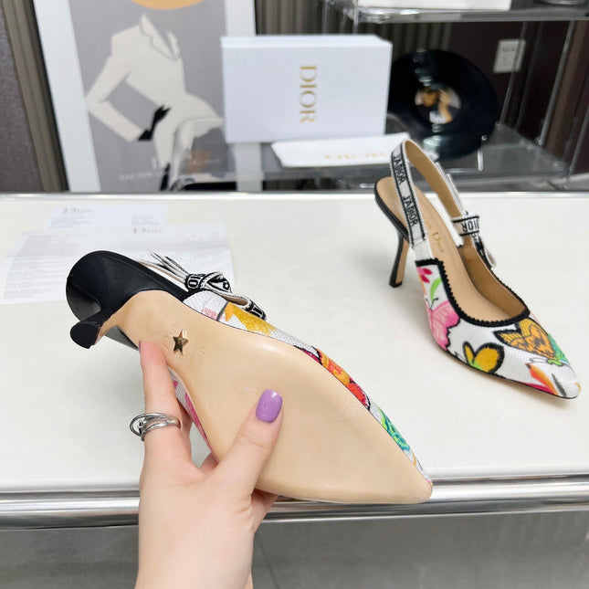 J'ADIOR SLINGBACK PUMP COLORFUL NATURAL RAFFIA AND EMBROIDERED COTTON 10 CM 130857