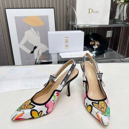 J'ADIOR SLINGBACK PUMP COLORFUL NATURAL RAFFIA AND EMBROIDERED COTTON 10 CM 130857