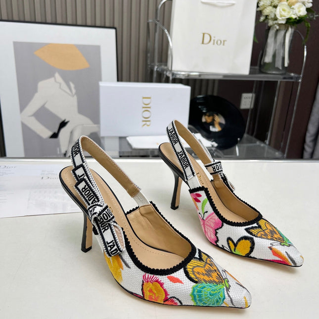J'ADIOR SLINGBACK PUMP COLORFUL NATURAL RAFFIA AND EMBROIDERED COTTON 10 CM 130857