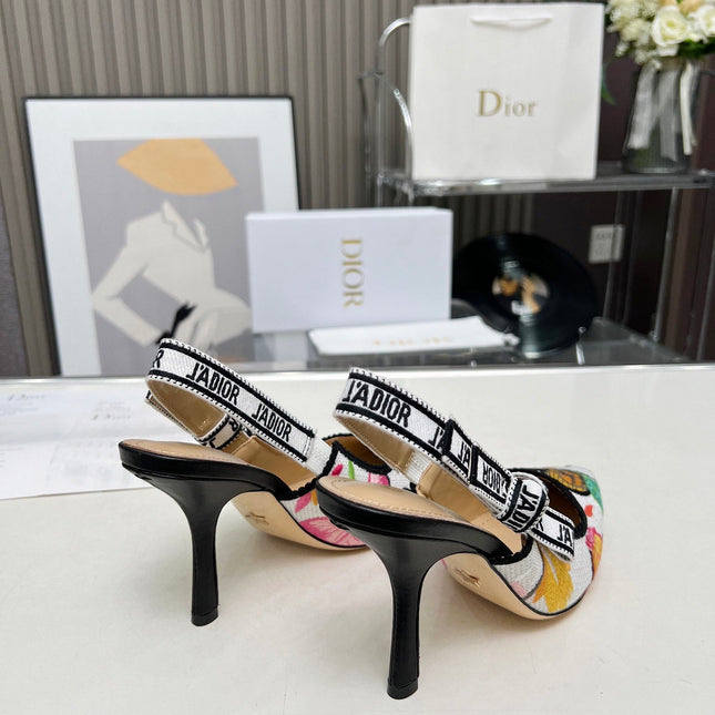J'ADIOR SLINGBACK PUMP COLORFUL NATURAL RAFFIA AND EMBROIDERED COTTON 10 CM 130857