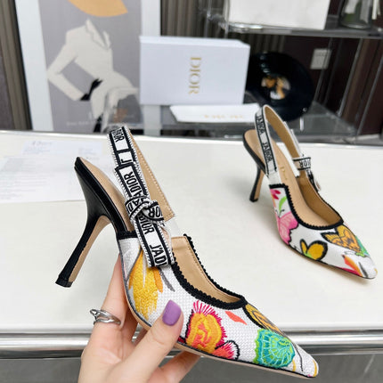 J'ADIOR SLINGBACK PUMP COLORFUL NATURAL RAFFIA AND EMBROIDERED COTTON 10 CM 130857