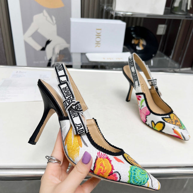J'ADIOR SLINGBACK PUMP COLORFUL NATURAL RAFFIA AND EMBROIDERED COTTON 10 CM 130857