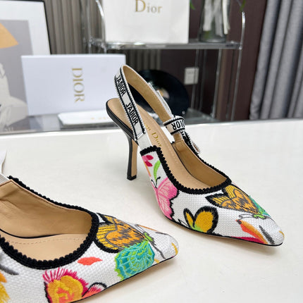 J'ADIOR SLINGBACK PUMP COLORFUL NATURAL RAFFIA AND EMBROIDERED COTTON 10 CM 130857