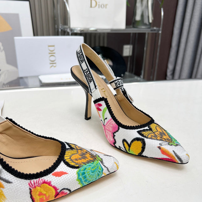 J'ADIOR SLINGBACK PUMP COLORFUL NATURAL RAFFIA AND EMBROIDERED COTTON 10 CM 130857