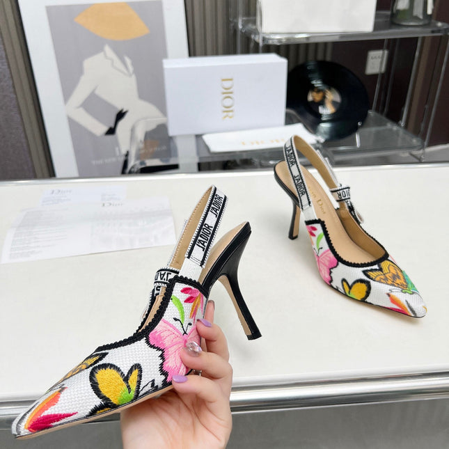 J'ADIOR SLINGBACK PUMP COLORFUL NATURAL RAFFIA AND EMBROIDERED COTTON 10 CM 130857