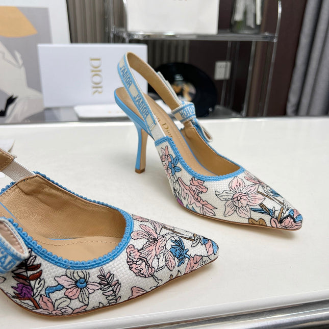 J'ADIOR SLINGBACK PUMP COLORFUL NATURAL RAFFIA AND EMBROIDERED COTTON 10 CM 130858