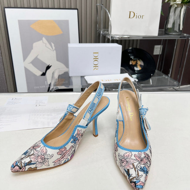 J'ADIOR SLINGBACK PUMP COLORFUL NATURAL RAFFIA AND EMBROIDERED COTTON 10 CM 130858