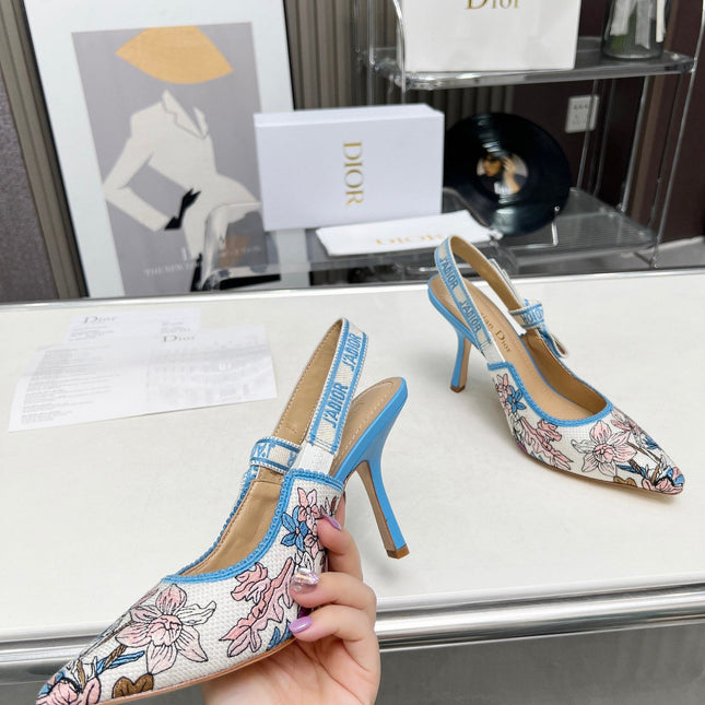 J'ADIOR SLINGBACK PUMP COLORFUL NATURAL RAFFIA AND EMBROIDERED COTTON 10 CM 130858
