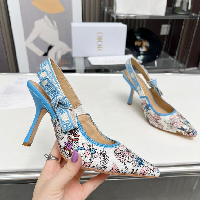 J'ADIOR SLINGBACK PUMP COLORFUL NATURAL RAFFIA AND EMBROIDERED COTTON 10 CM 130858