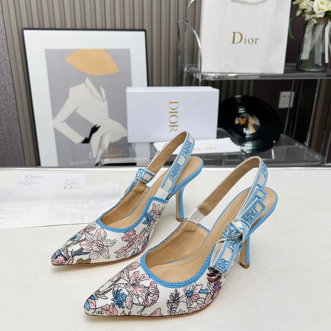 J'ADIOR SLINGBACK PUMP COLORFUL NATURAL RAFFIA AND EMBROIDERED COTTON 10 CM 130858