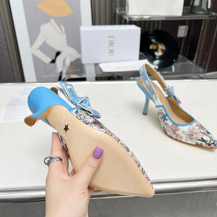J'ADIOR SLINGBACK PUMP COLORFUL NATURAL RAFFIA AND EMBROIDERED COTTON 10 CM 130858