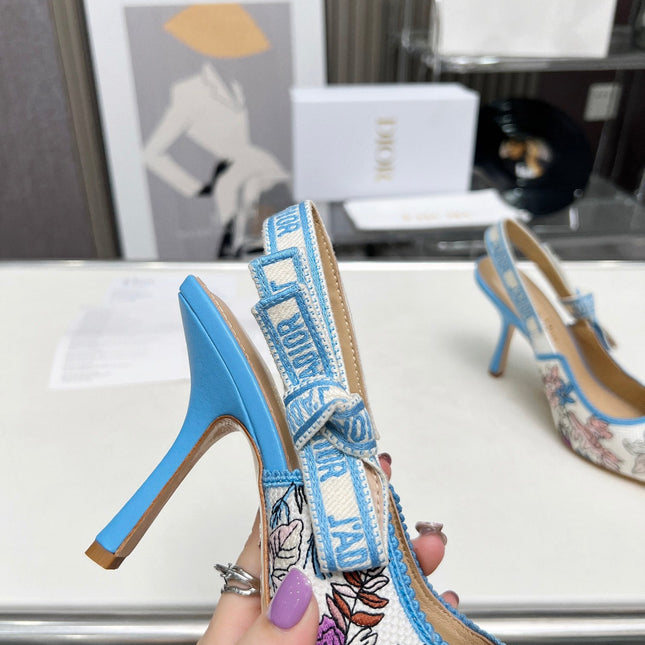 J'ADIOR SLINGBACK PUMP COLORFUL NATURAL RAFFIA AND EMBROIDERED COTTON 10 CM 130858