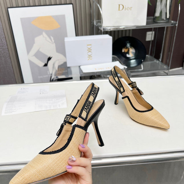 J'ADIOR SLINGBACK PUMP NATURAL RAFFIA AND BLACK EMBROIDERED COTTON 10 CM