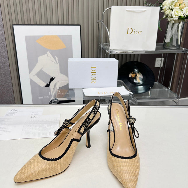 J'ADIOR SLINGBACK PUMP NATURAL RAFFIA AND BLACK EMBROIDERED COTTON 10 CM
