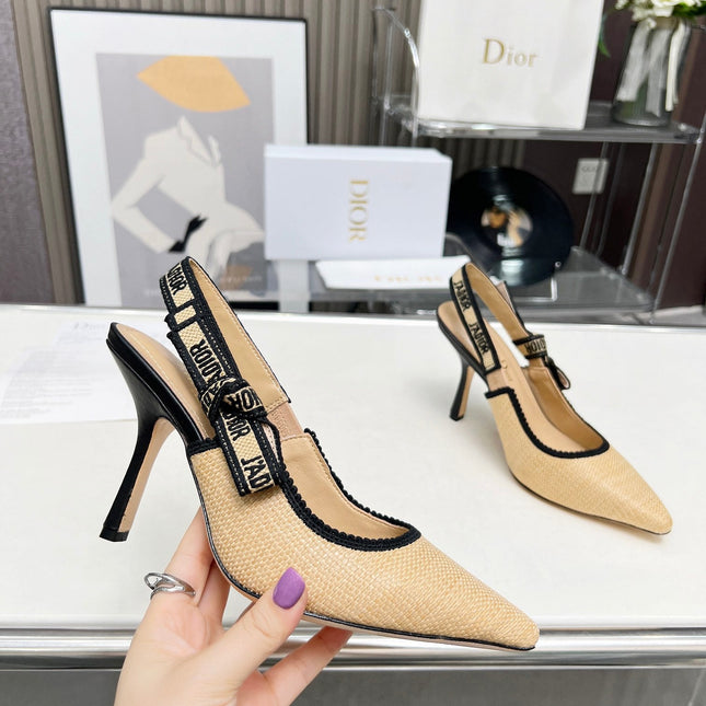 J'ADIOR SLINGBACK PUMP NATURAL RAFFIA AND BLACK EMBROIDERED COTTON 10 CM