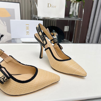 J'ADIOR SLINGBACK PUMP NATURAL RAFFIA AND BLACK EMBROIDERED COTTON 10 CM