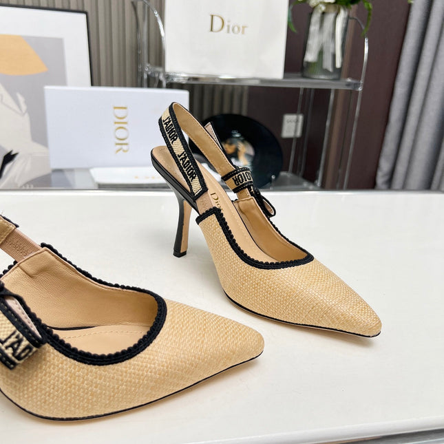 J'ADIOR SLINGBACK PUMP NATURAL RAFFIA AND BLACK EMBROIDERED COTTON 10 CM