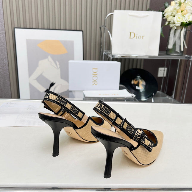 J'ADIOR SLINGBACK PUMP NATURAL RAFFIA AND BLACK EMBROIDERED COTTON 10 CM