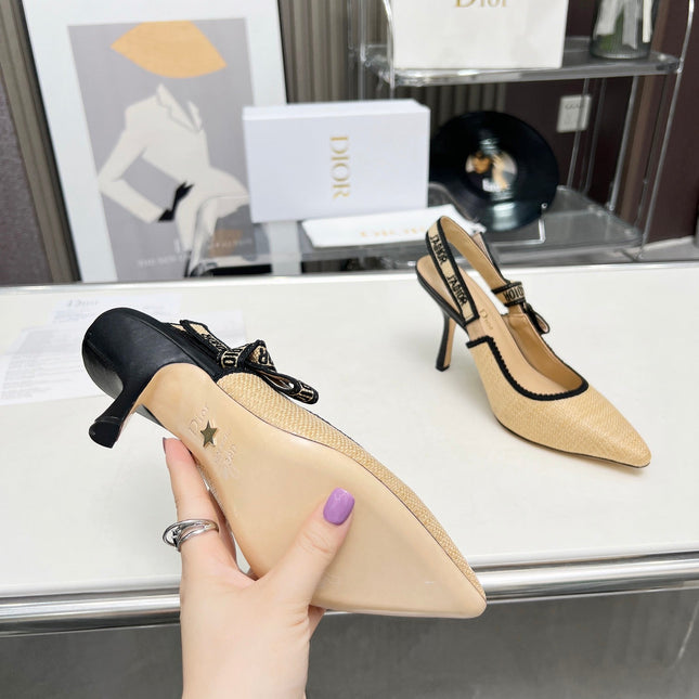J'ADIOR SLINGBACK PUMP NATURAL RAFFIA AND BLACK EMBROIDERED COTTON 10 CM