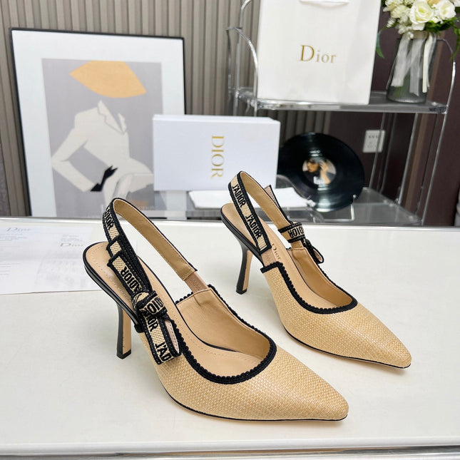 J'ADIOR SLINGBACK PUMP NATURAL RAFFIA AND BLACK EMBROIDERED COTTON 10 CM