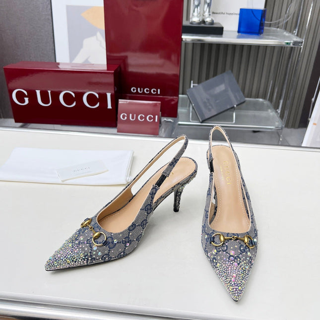 HORSEBIT SLINGBACKS IN DOVE GRAY MONOGRAM FABRIC WITH CRYSTALS