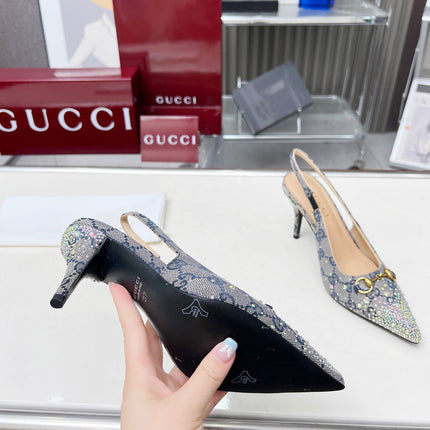 HORSEBIT SLINGBACKS IN DOVE GRAY MONOGRAM FABRIC WITH CRYSTALS