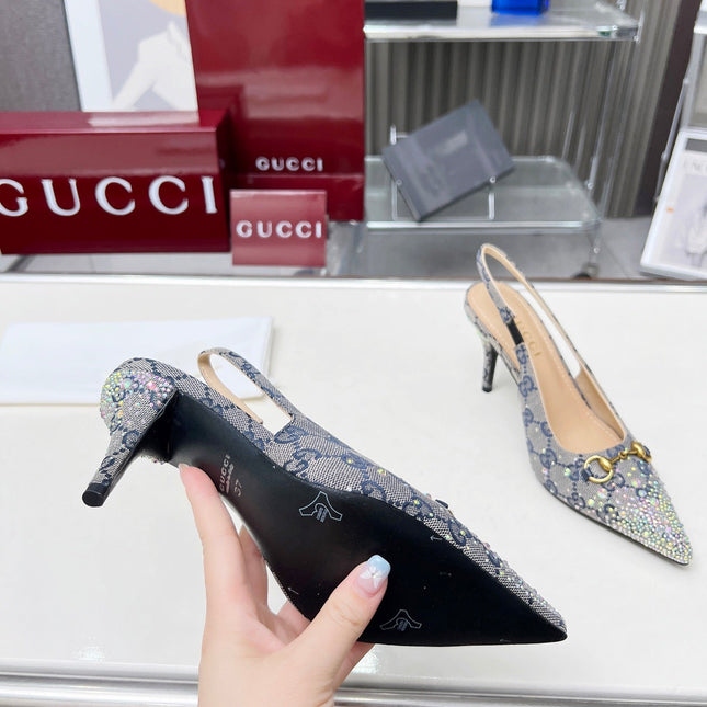 HORSEBIT SLINGBACKS IN DOVE GRAY MONOGRAM FABRIC WITH CRYSTALS