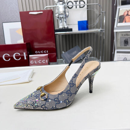 HORSEBIT SLINGBACKS IN DOVE GRAY MONOGRAM FABRIC WITH CRYSTALS