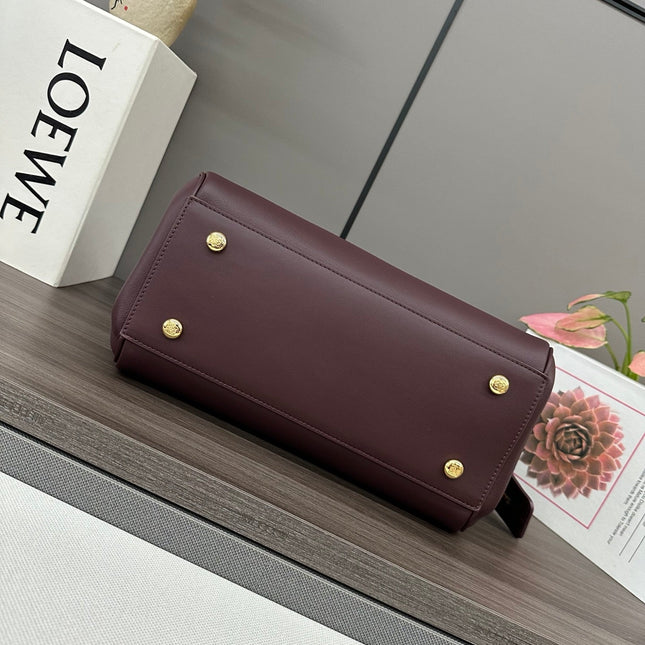 LOEWE 25S MADRID BAG 28 IN DARK WINE CALFSKIN GOLD HARDWARE