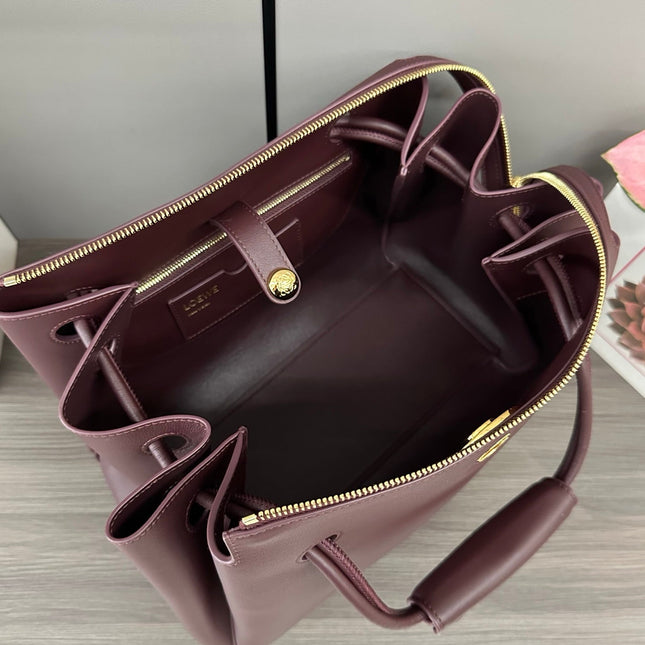 LOEWE 25S MADRID BAG 28 IN DARK WINE CALFSKIN GOLD HARDWARE