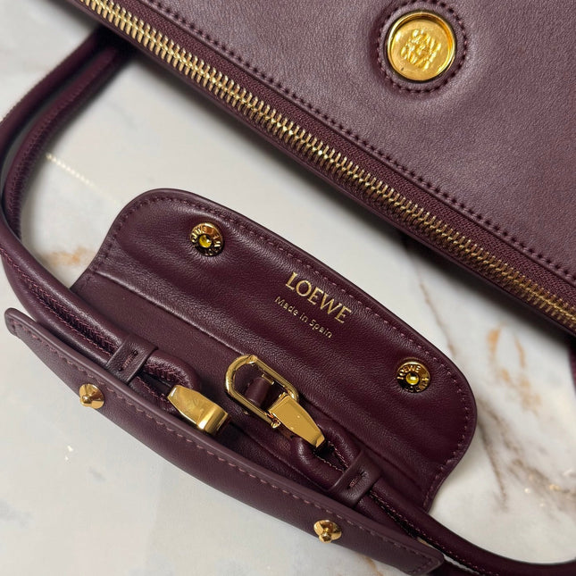 LOEWE 25S LARGE MADRID BAG 33 IN DARK WINE CALFSKIN GOLD HARDWARE