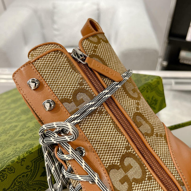 GG LACE-UP SHORT BOOTS IN CINNAMON BROWN CANVAS MIX CALFSKIN