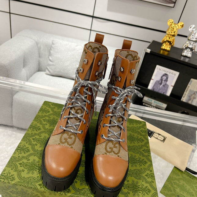GG LACE-UP SHORT BOOTS IN CINNAMON BROWN CANVAS MIX CALFSKIN
