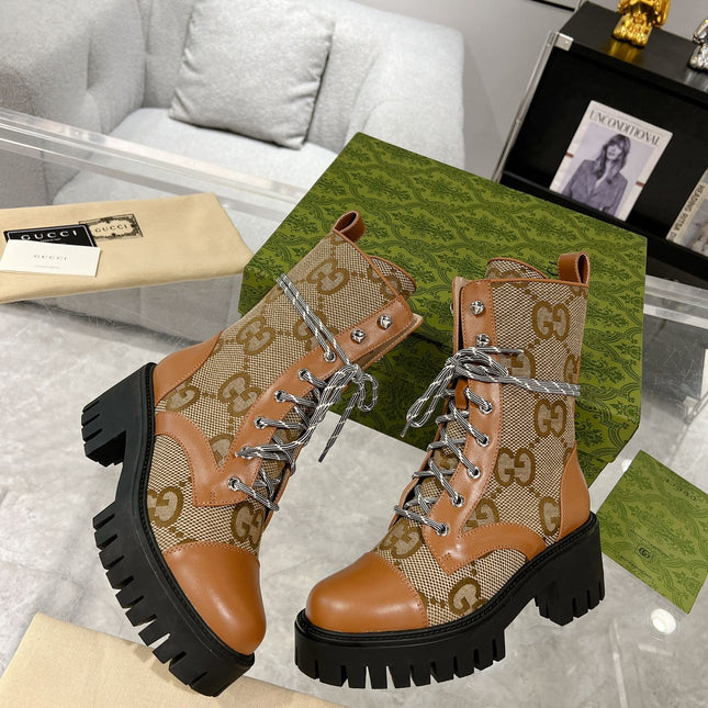 GG LACE-UP SHORT BOOTS IN CINNAMON BROWN CANVAS MIX CALFSKIN
