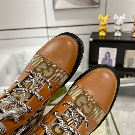 GG LACE-UP SHORT BOOTS IN CINNAMON BROWN CANVAS MIX CALFSKIN