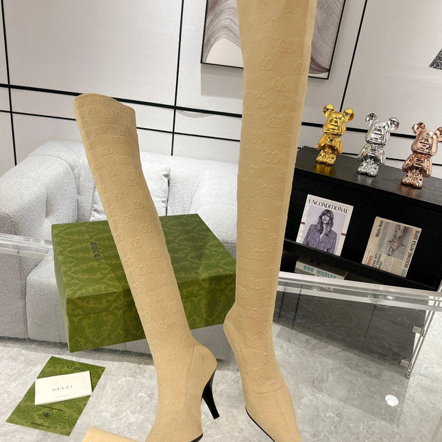 THIGH HIGH BOOTS IN BEIGE KNITTED FABRIC