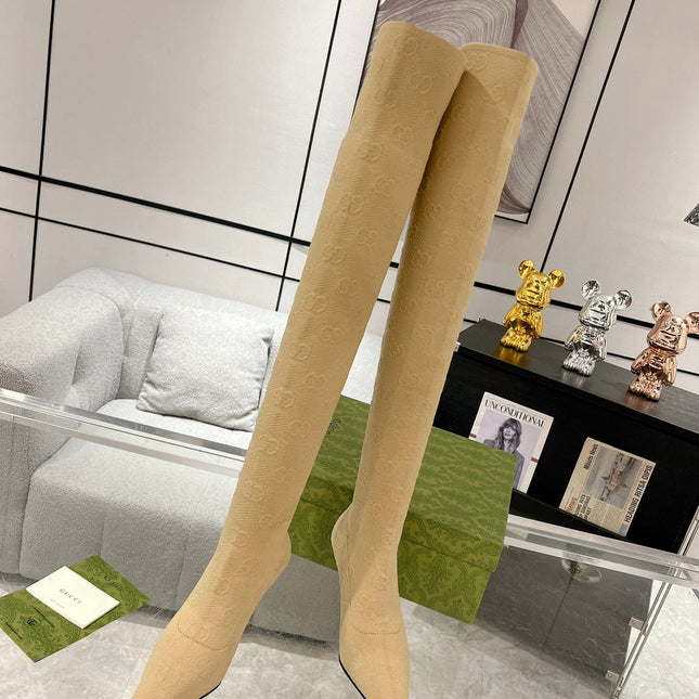 THIGH HIGH BOOTS IN BEIGE KNITTED FABRIC
