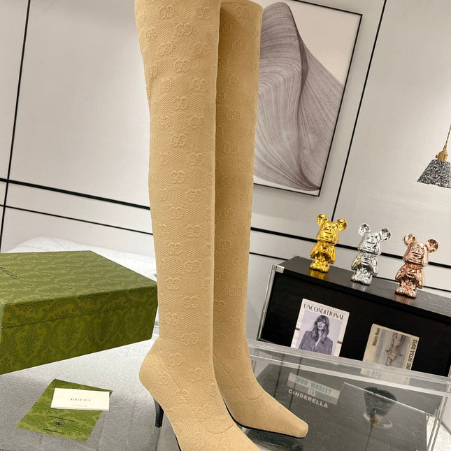 THIGH HIGH BOOTS IN BEIGE KNITTED FABRIC