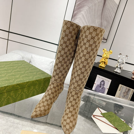 GG KNEE BOOTS IN BEIGE MONOGRAM JACQUARD FABRIC AND CALFSKIN LINING