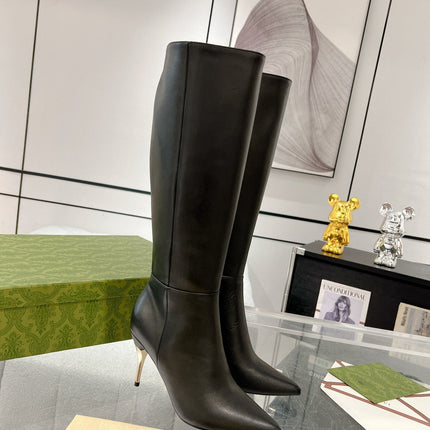 GG KNEE BOOTS IN BLACK CALFSKIN WITH GOLD PLATED HEEL