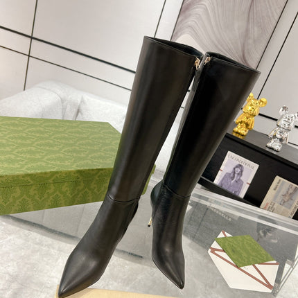 GG KNEE BOOTS IN BLACK CALFSKIN WITH GOLD PLATED HEEL