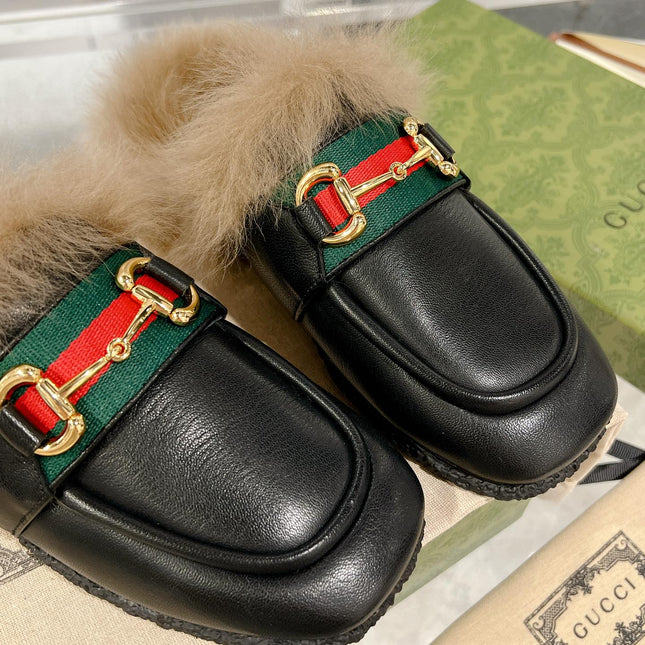 HORSEBIT MULE WITH WEB IN BLACK CALFSKIN MIX MINK FUR