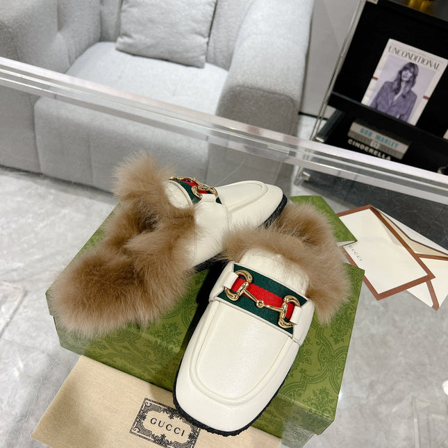 HORSEBIT MULE WITH WEB IN WHITE CALFSKIN MIX MINK FUR