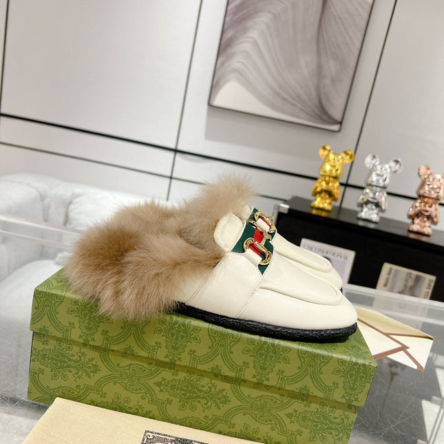 HORSEBIT MULE WITH WEB IN WHITE CALFSKIN MIX MINK FUR