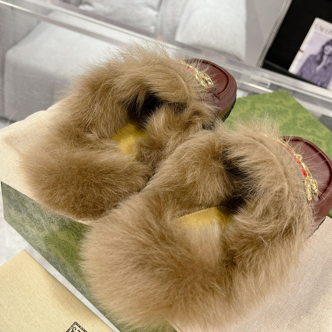 HORSEBIT MULE WITH WEB IN WINE RED CALFSKIN MIX MINK FUR