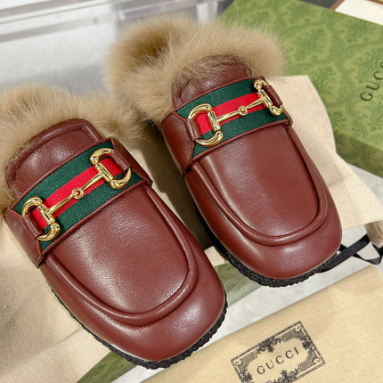 HORSEBIT MULE WITH WEB IN WINE RED CALFSKIN MIX MINK FUR