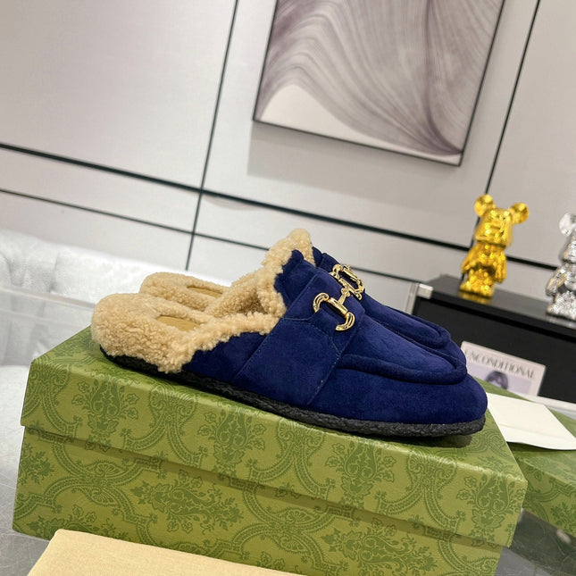 HORSEBIT MULE IN ROYAL BLUE SUEDE AND FLEECE LINING