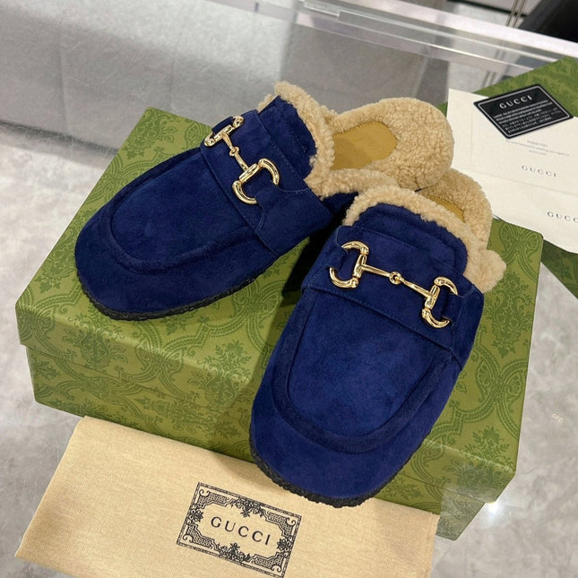 HORSEBIT MULE IN ROYAL BLUE SUEDE AND FLEECE LINING